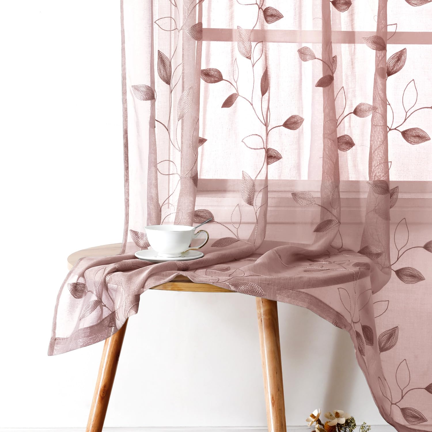 Homeideas Blush Pink Floral Sheer Curtains 96 Inches Long 2 Panels Embroidered Sheer Pattern Curtains Semi Sheer Window Curtains For Bedroom Living Room